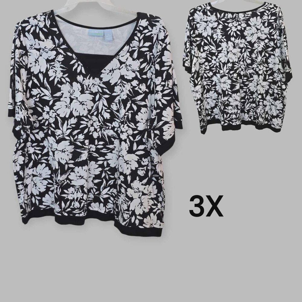 Liz & Me  Black and White Floral Stretch V Neck  Blouse Top Cotton  Womens 3X